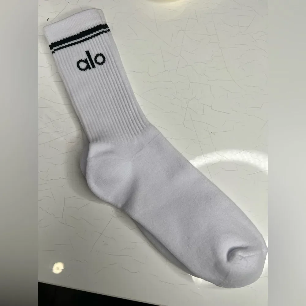 ALO Yoga White Athletic Socks with Black Stripe tall